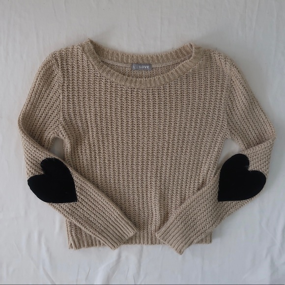 LF | Beige Knit Sweater w/Black Suede Hearts - Picture 1 of 6